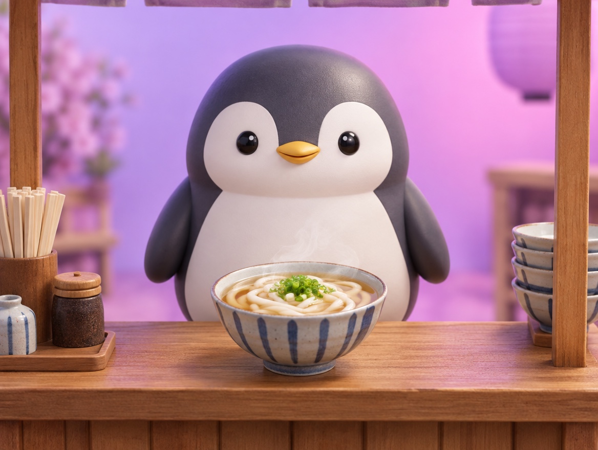 A chubby plastic model kit penguin smiling next to a steaming bowl of udon noodles