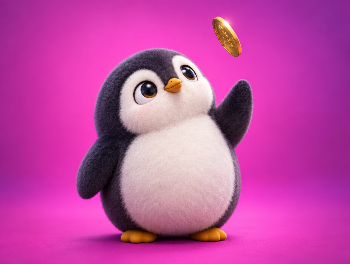A chubby boucle wool penguin watching a realistic shiny gold coin spinning in the air
