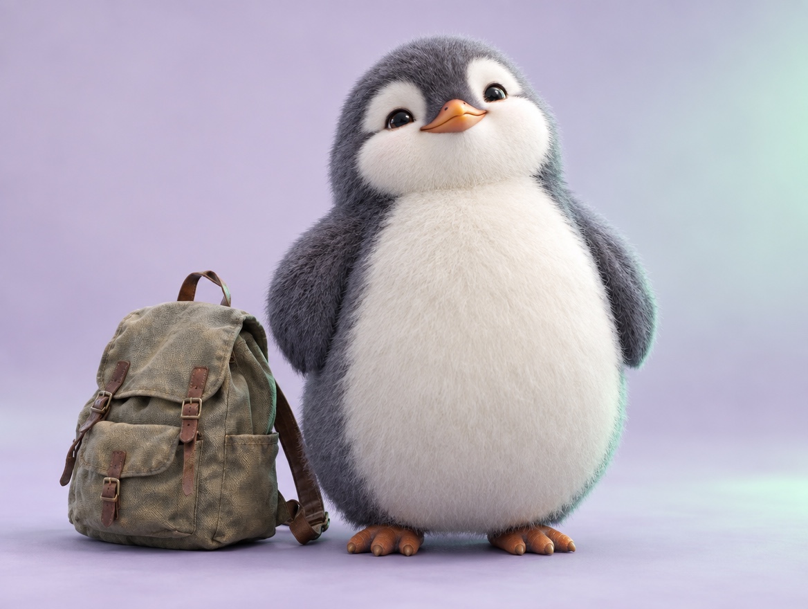 A chubby brushed mohair penguin standing tall with its chest out next to a canvas backpack it just put down