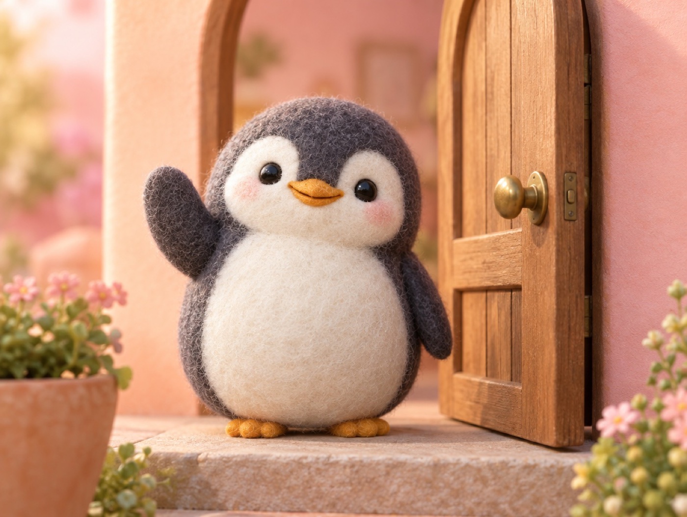 A chubby felted wool penguin waving a flipper in front of a small wooden front door