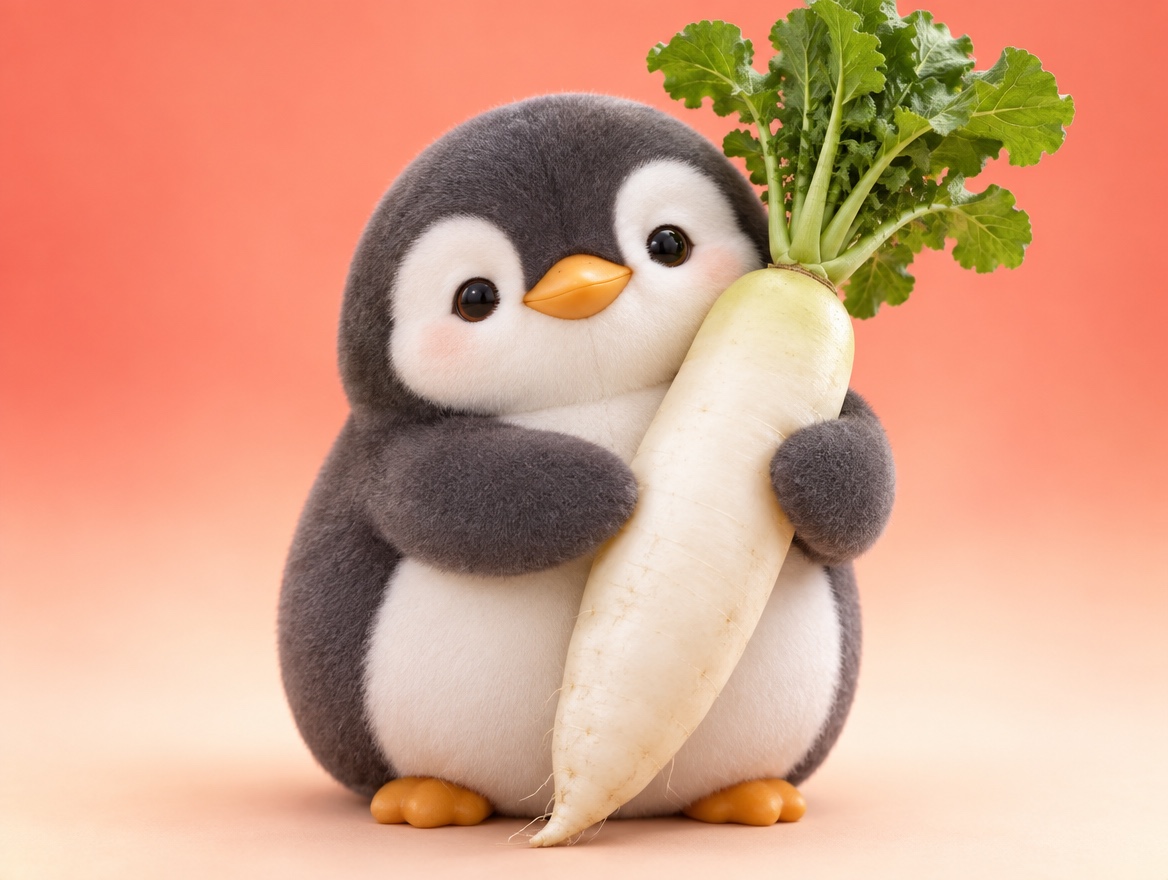 A chubby round chenille yarn penguin hugging a realistic fresh white daikon radish with green leaves
