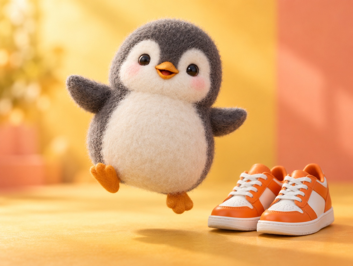 A chubby felted wool penguin skipping happily next to a real pair of bright sneakers