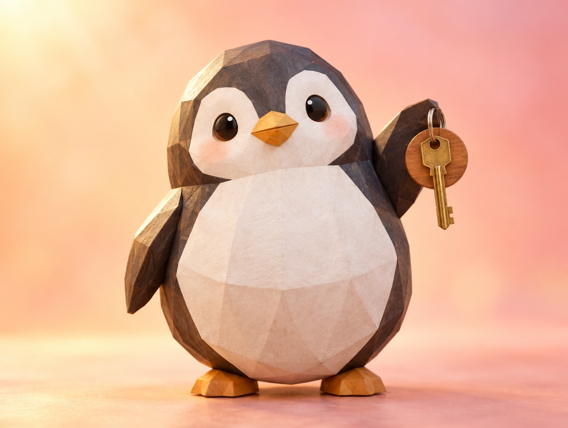 A cute low-poly wood and paper penguin holding a real vintage apartment key with a round wooden tag