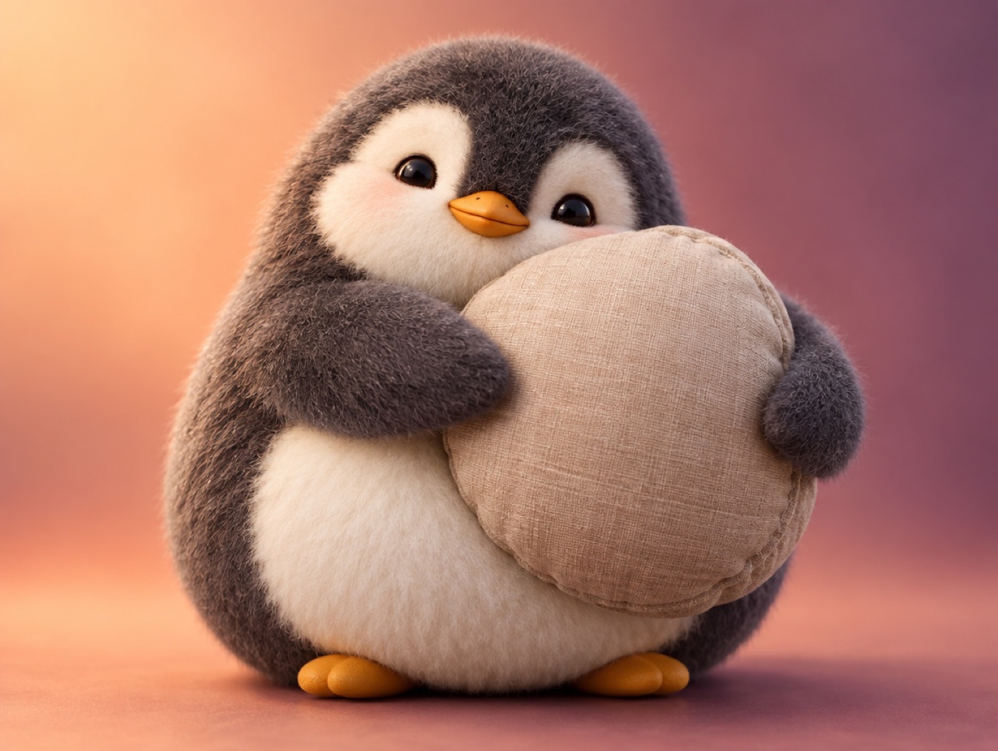 A brushed mohair penguin hugging a soft round cushion