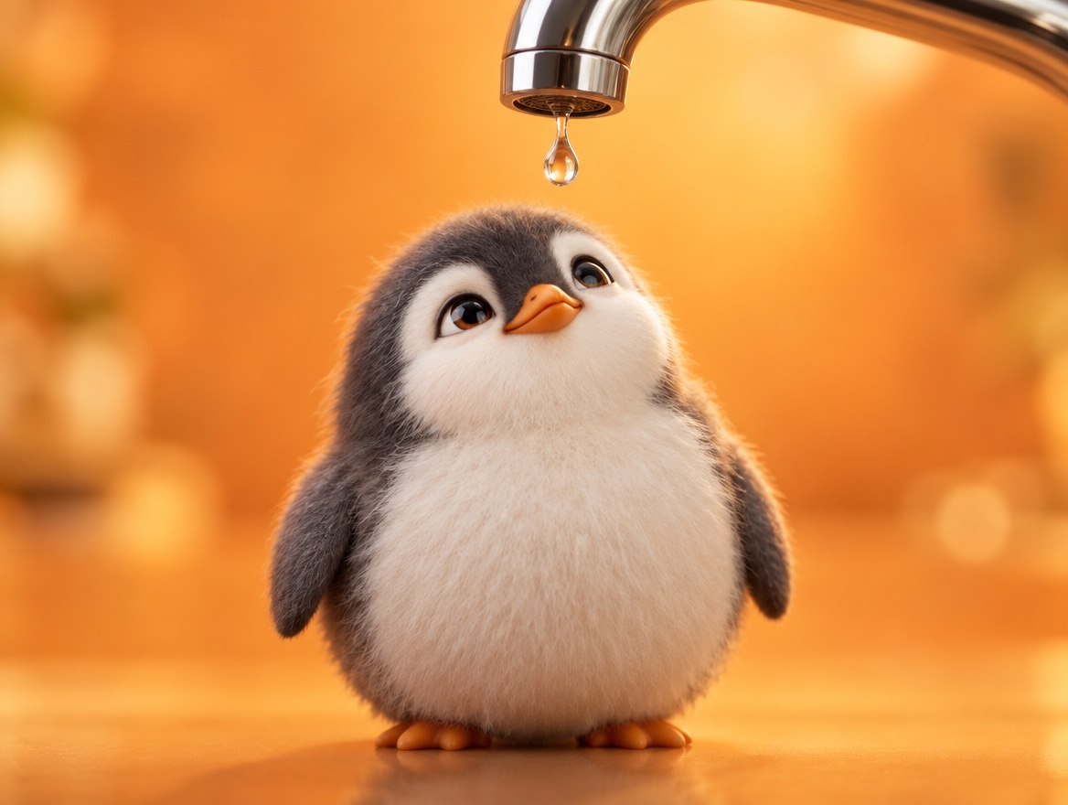 A chubby brushed mohair penguin smiling at a realistic kitchen water tap with one clear drop of water