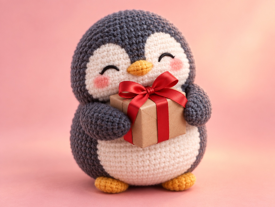 A crocheted amigurumi penguin hugging a small gift box tied with a red ribbon