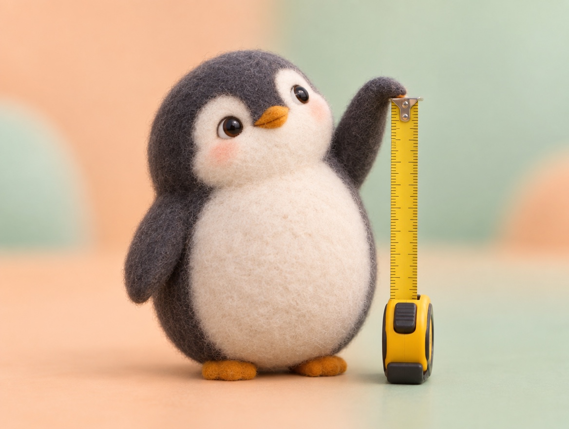 A chubby felted wool penguin looking up at a real yellow measuring tape stretched up like a high bar