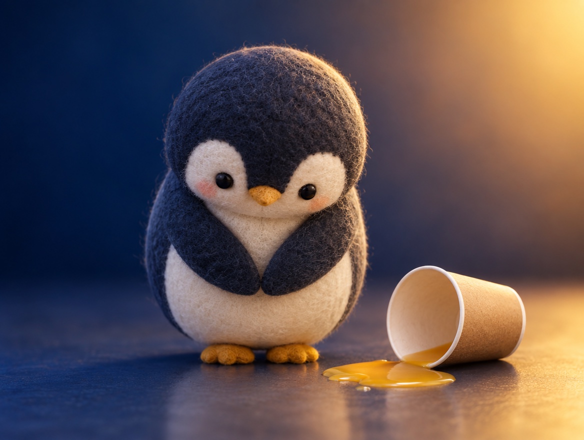 A hand-embroidered felt penguin bowing politely next to a tipped-over paper cup of juice