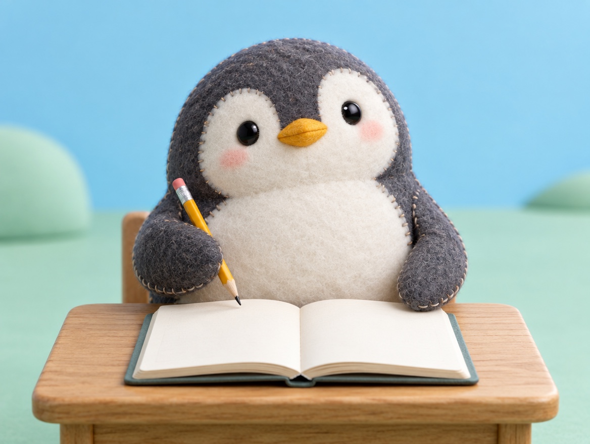 A chubby embroidered felt penguin holding a pencil over a real open notebook with blank pages