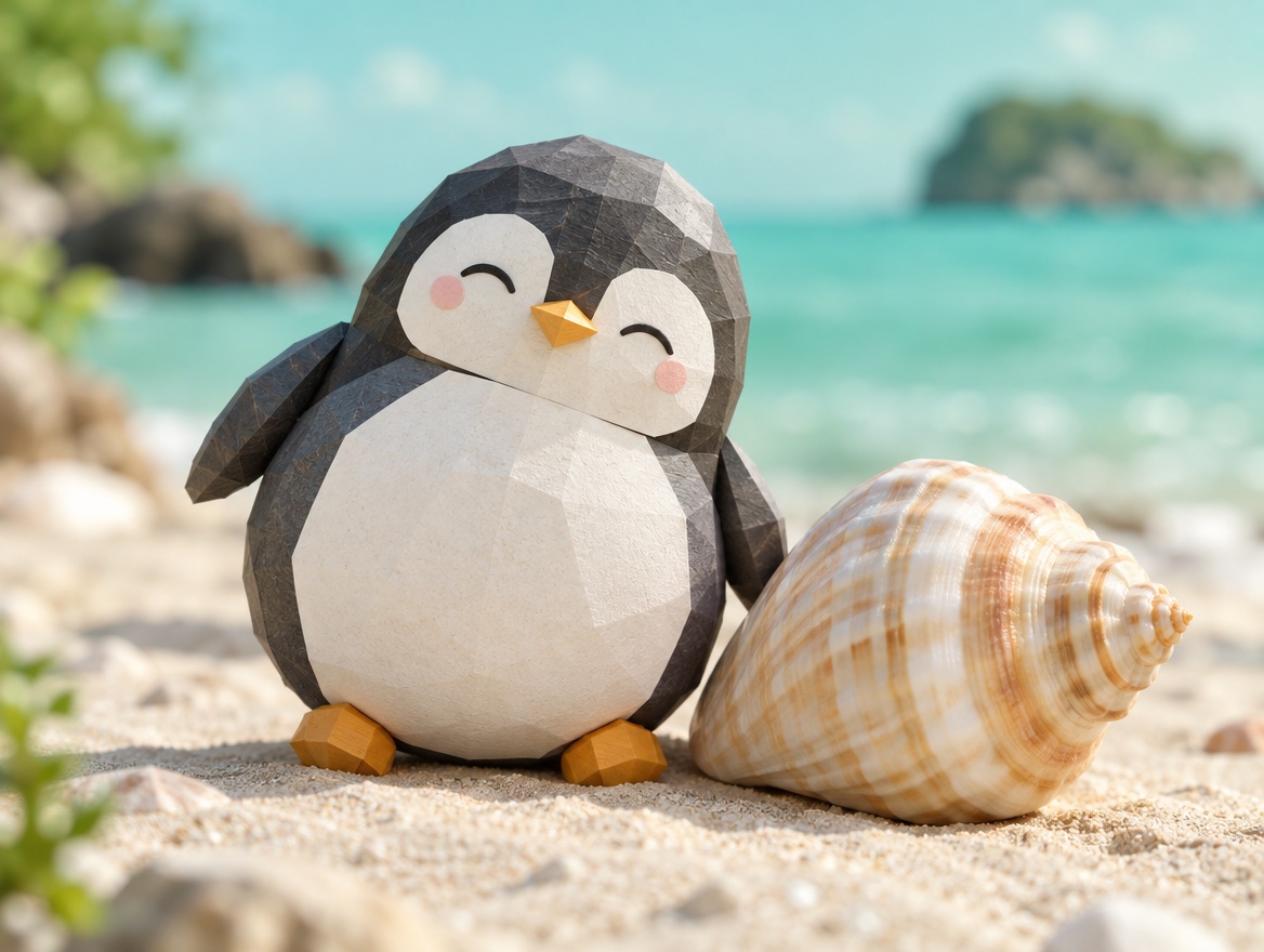 A low-poly wood and paper penguin nodding happily next to a big seashell