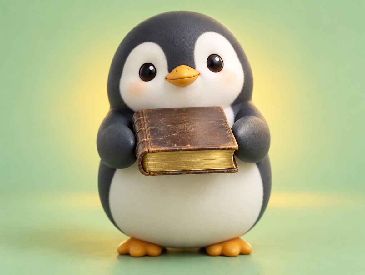 A matte plastic model kit penguin holding an old leather-bound book with both flippers