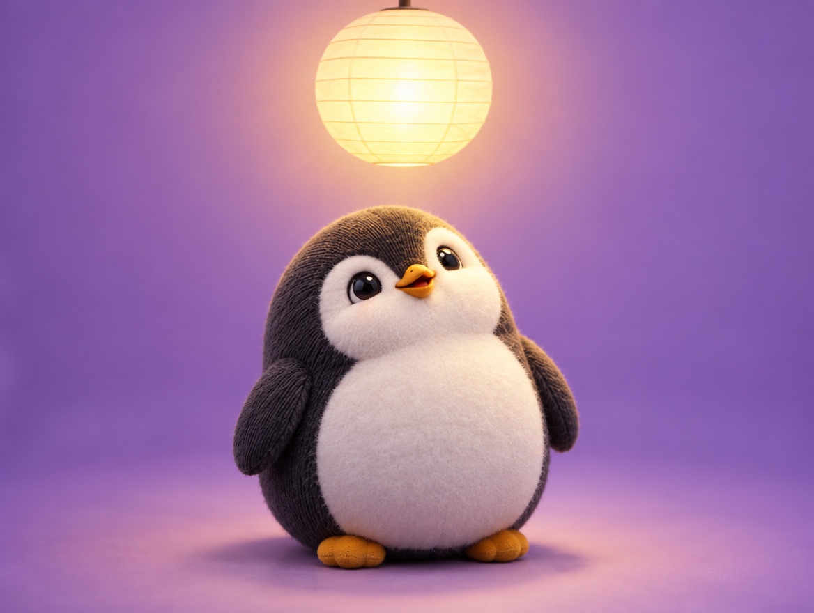 A chubby penguin made of plush corduroy and felt looking up at a big realistic glowing light bulb