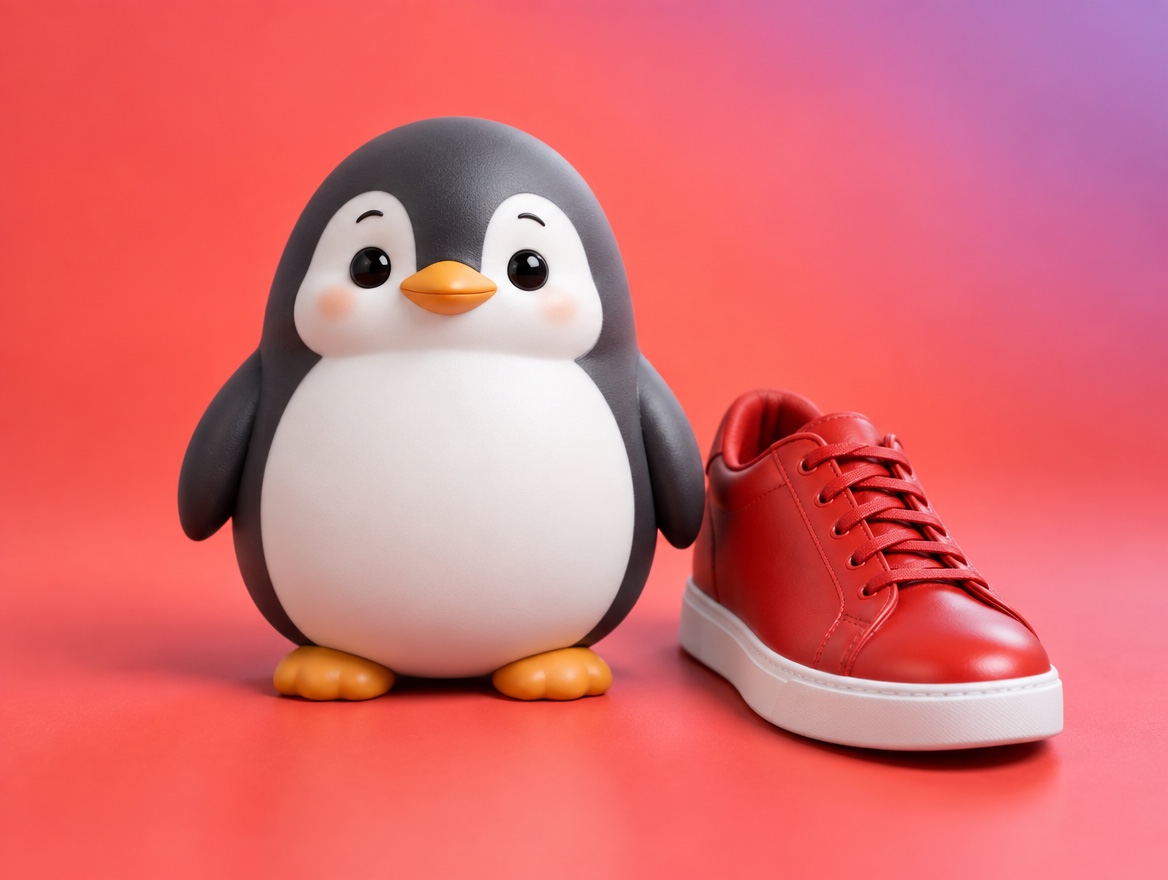 A chubby matte plastic model kit penguin standing proudly next to one realistic bright running shoe