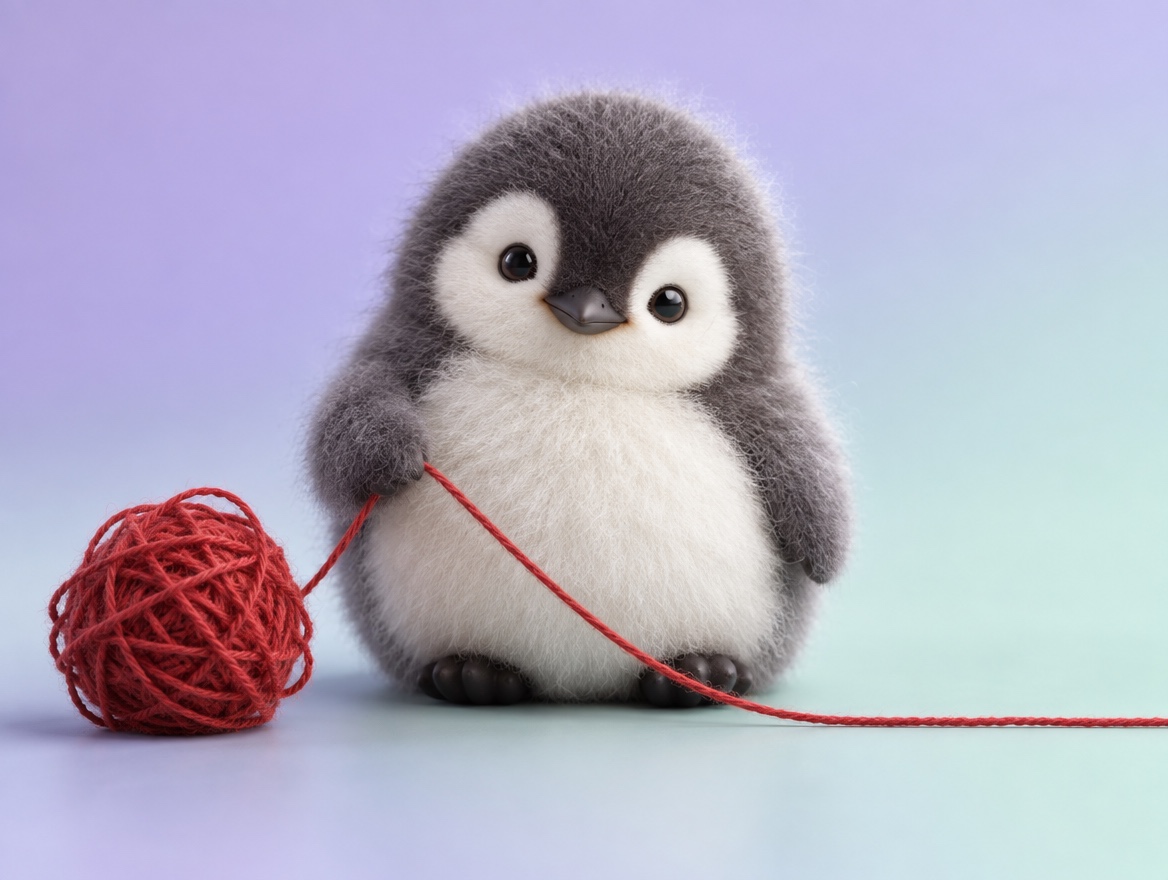 A cute brushed mohair penguin pulling one end of a real tangled ball of red string into a straight line
