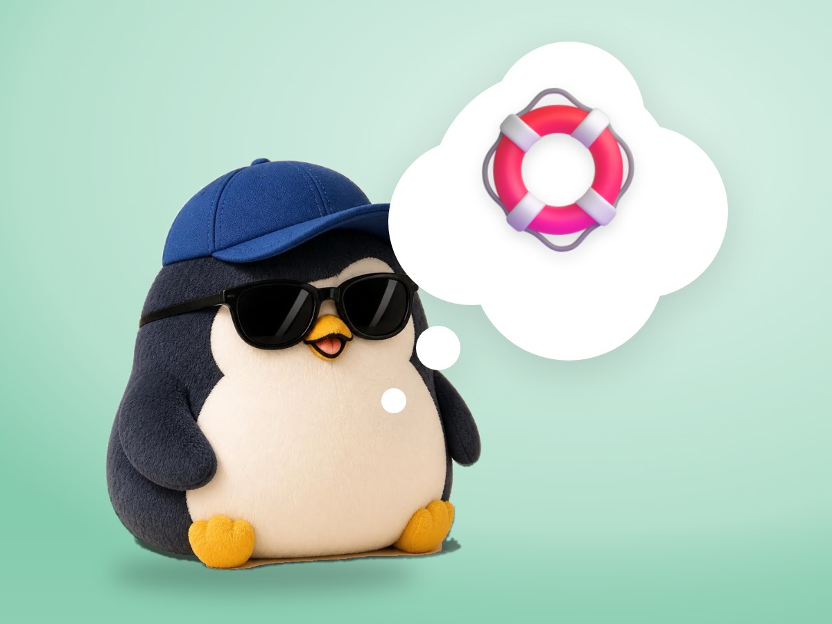 A boucle wool penguin happily stepping out of a bright hula hoop lying on the floor