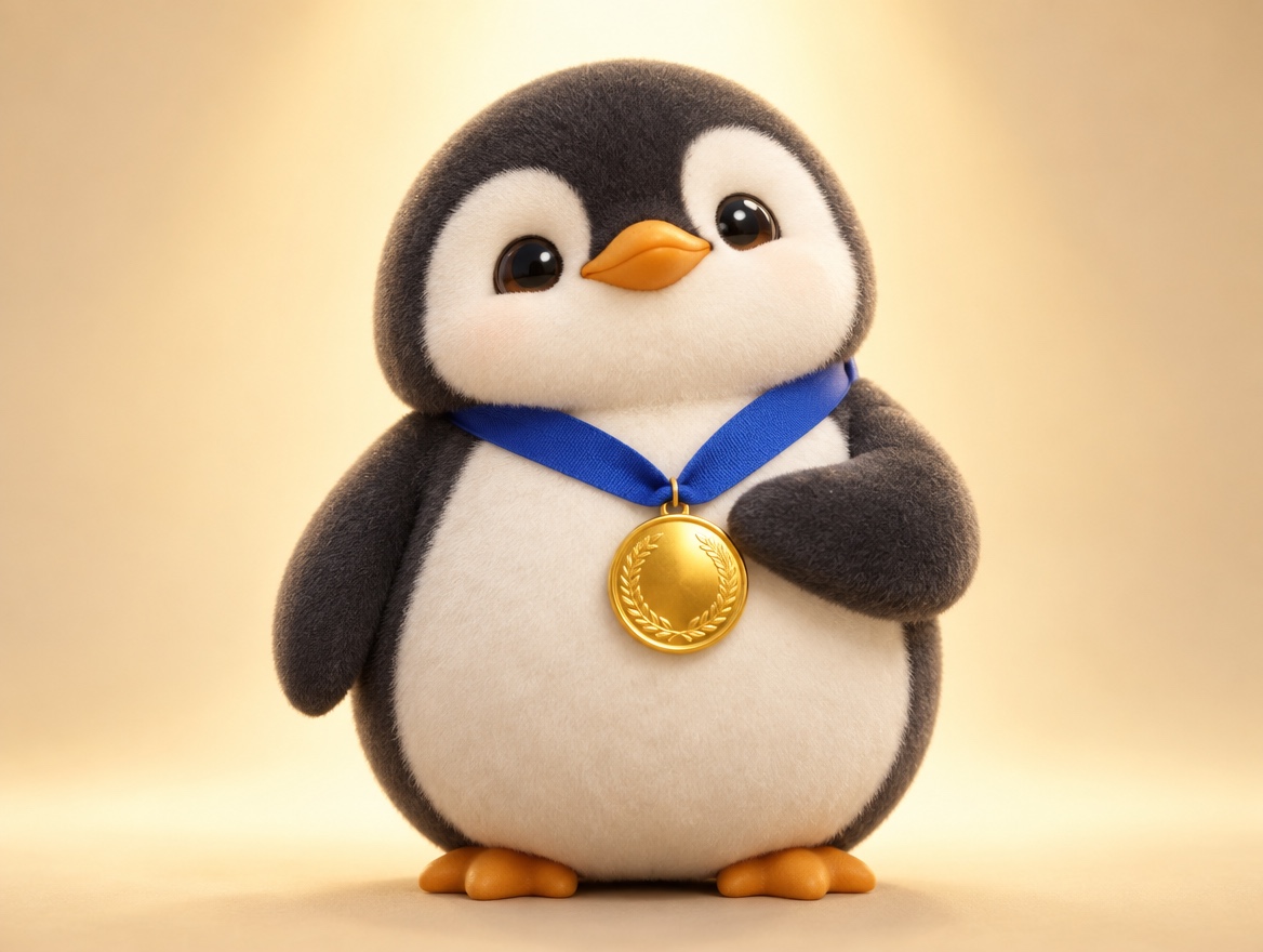 A chenille yarn penguin proudly wearing a shiny gold medal on a blue ribbon
