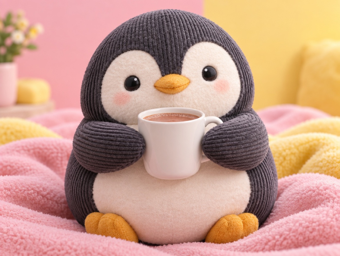 A chubby corduroy plush penguin holding a warm mug of cocoa with both flippers