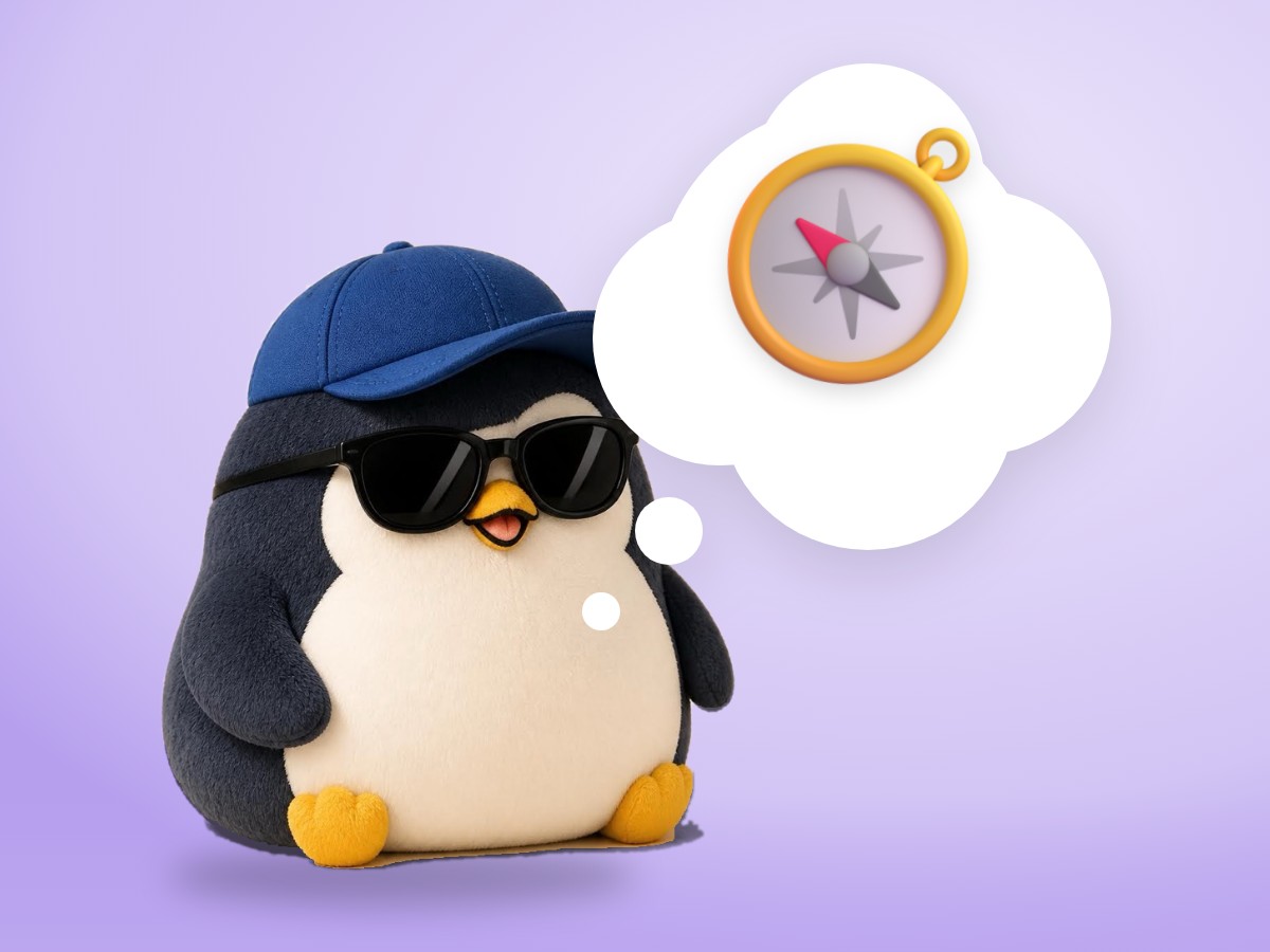 A chubby boucle wool penguin holding a real brass compass and looking at it with a happy face