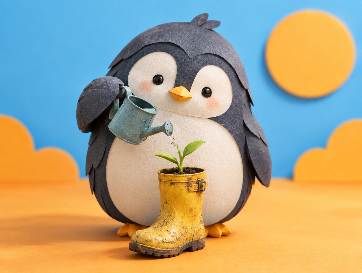 A chubby cut paper penguin watering a small sprout growing from a real old rain boot