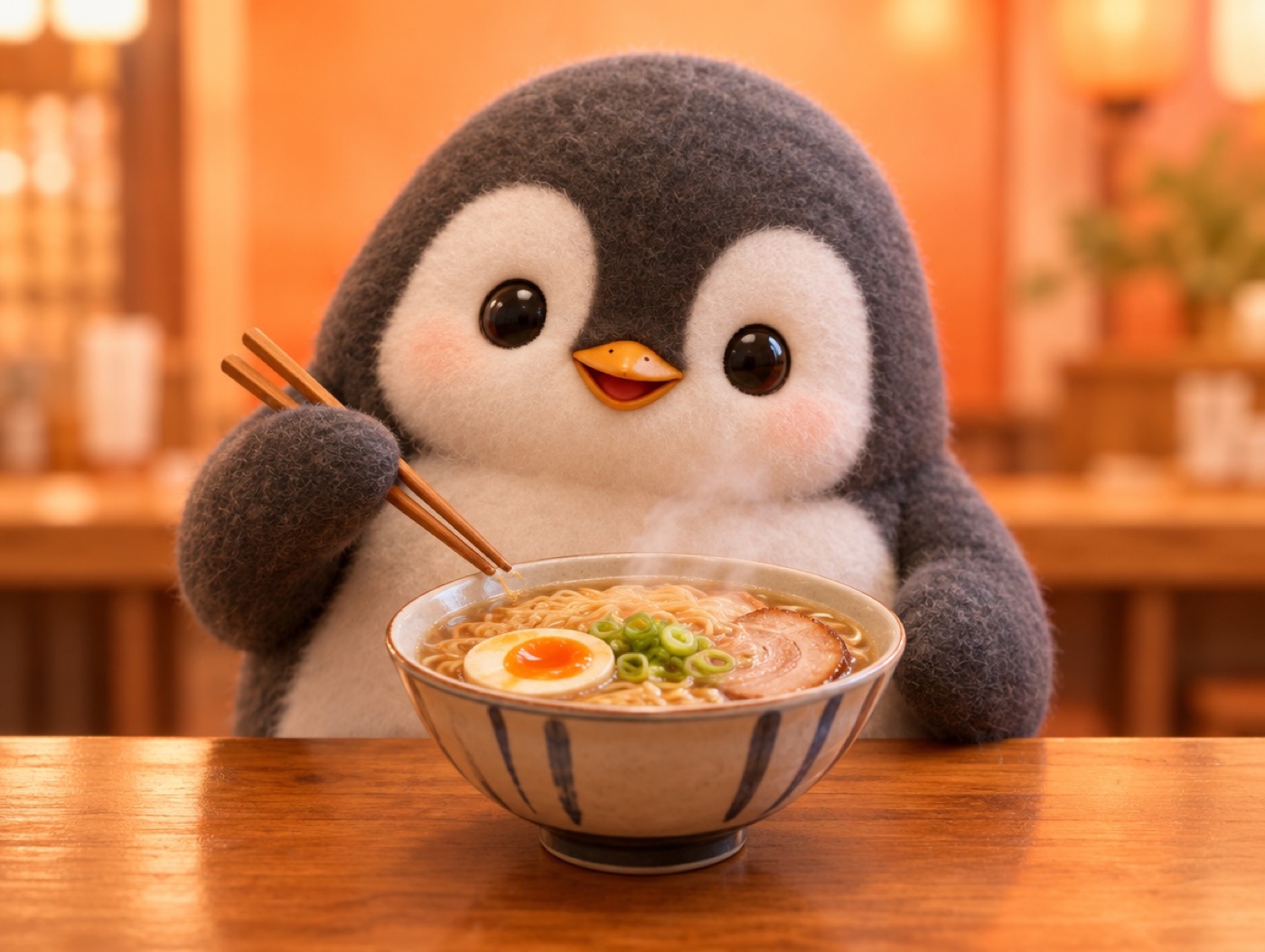 A cute crocheted penguin holding chopsticks over a real steaming bowl of ramen
