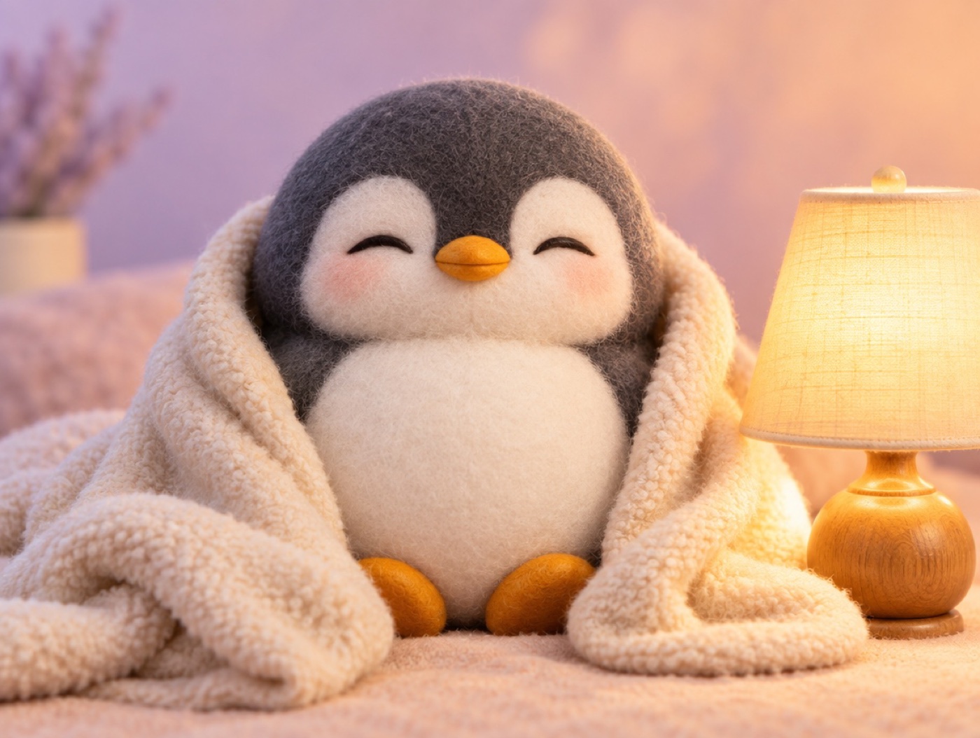A soft alpaca wool penguin sitting peacefully beside a realistic wooden door with warm light coming through