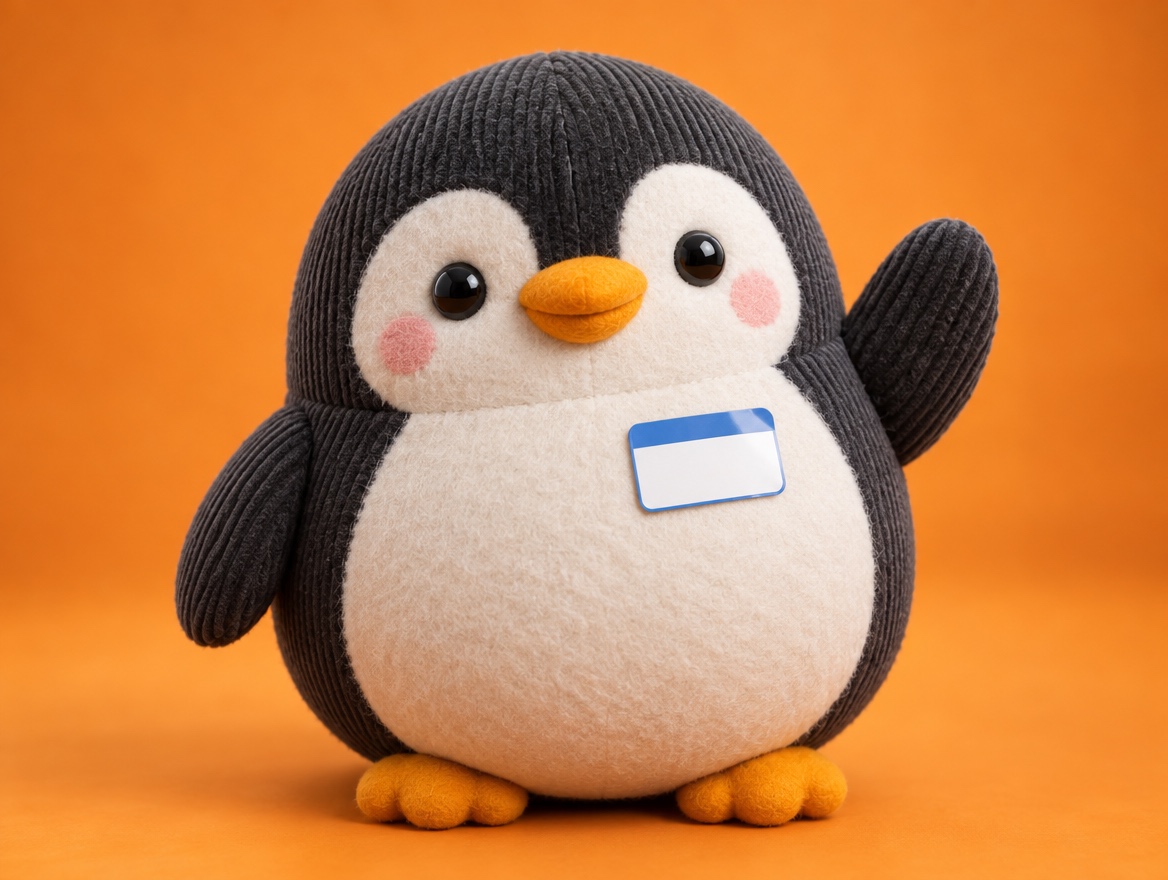 A corduroy and felt plush penguin wearing a blank name tag sticker and waving