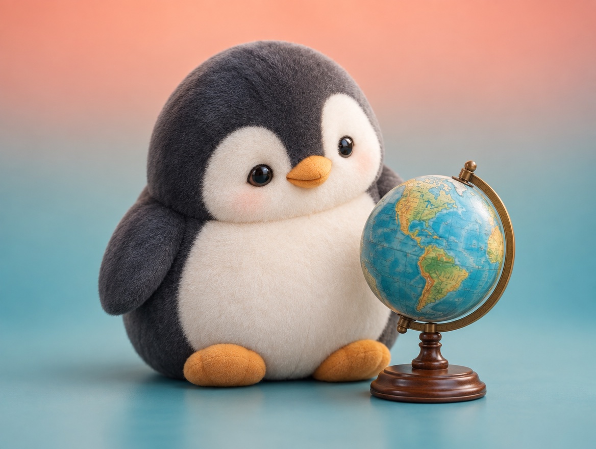 A chubby crocheted penguin looking calmly at a real small desk globe