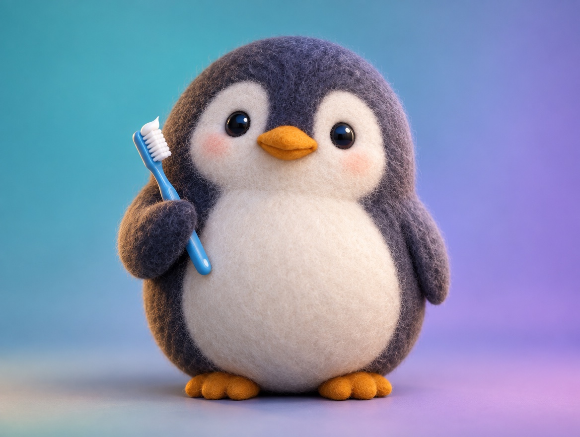 A chubby round soft felted wool penguin holding a realistic toothbrush, ready for the night routine
