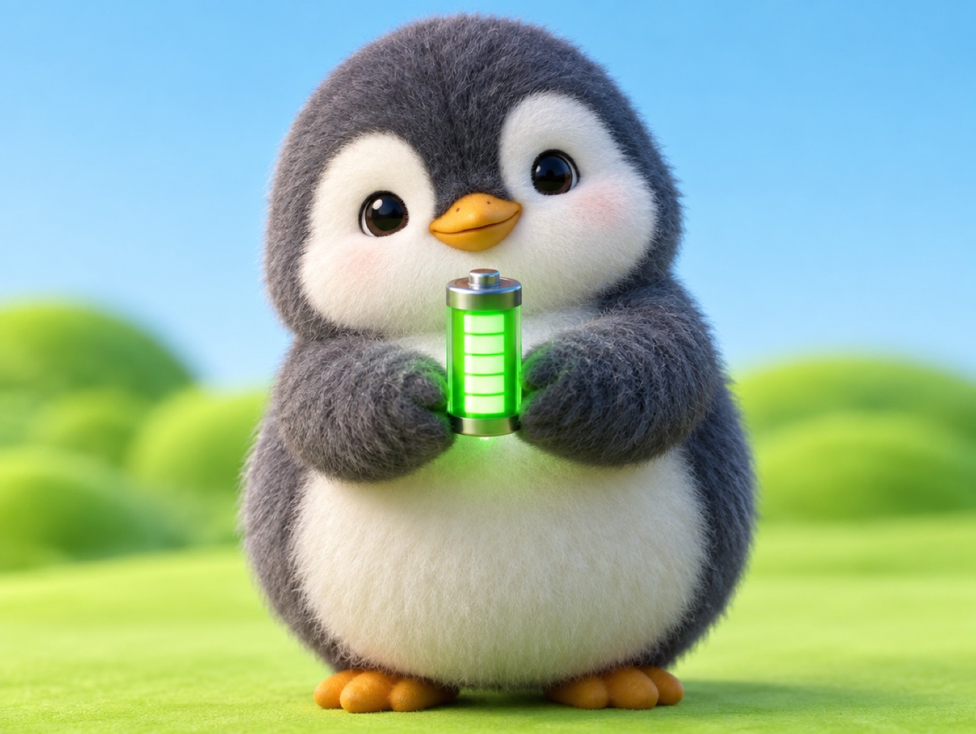 A chubby mohair penguin holding out a small fully charged battery to cheer someone up