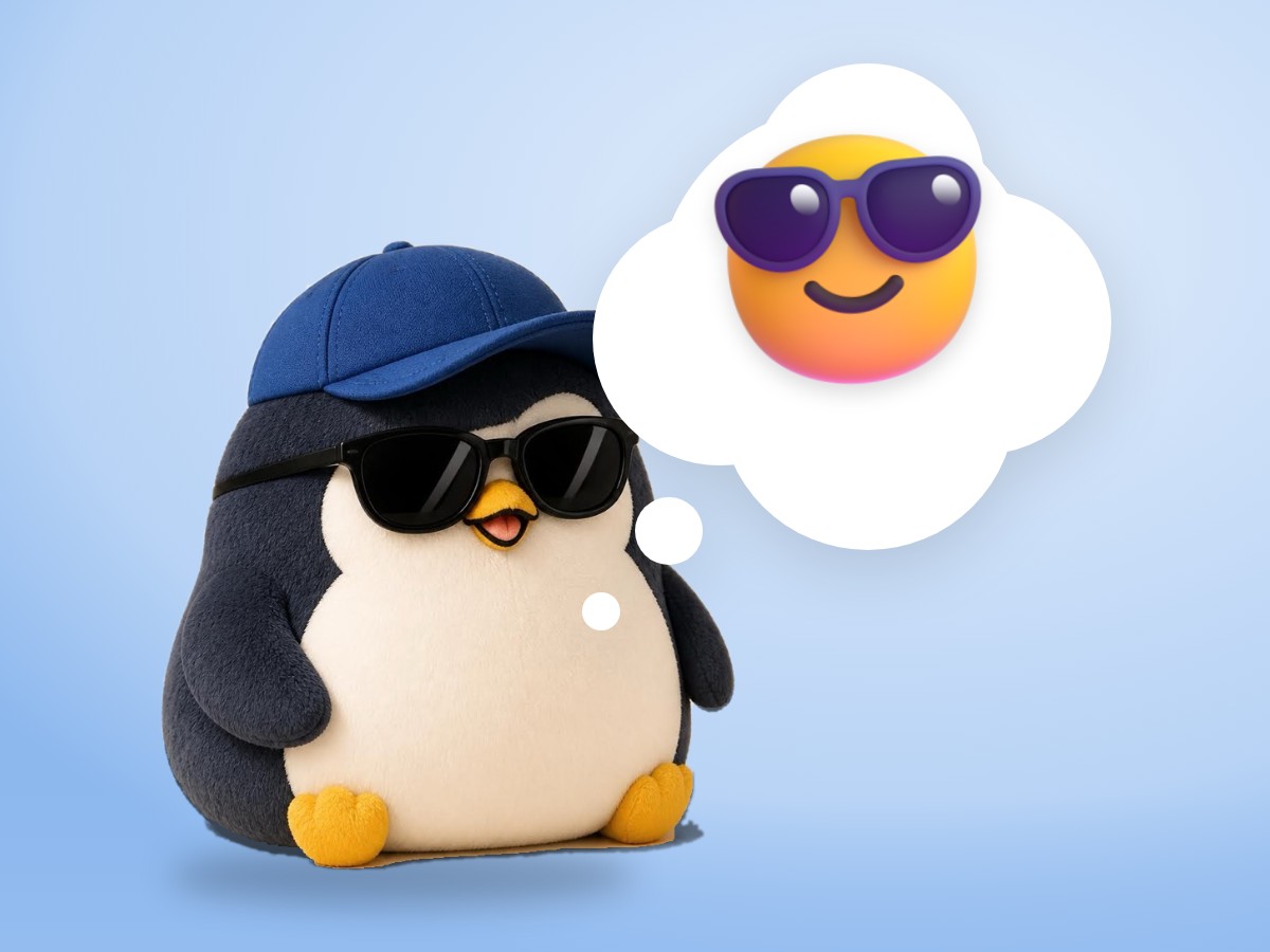 A chubby round matte plastic model kit penguin wearing sunglasses and picking up an empty aluminum can