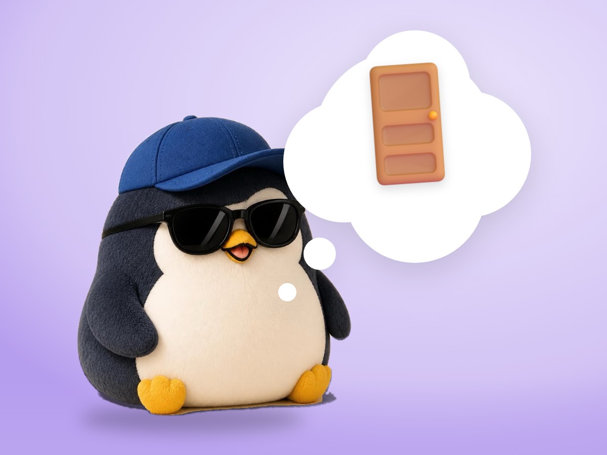 A chubby low-poly wood and paper penguin opening one realistic old wooden door and peeking through happily