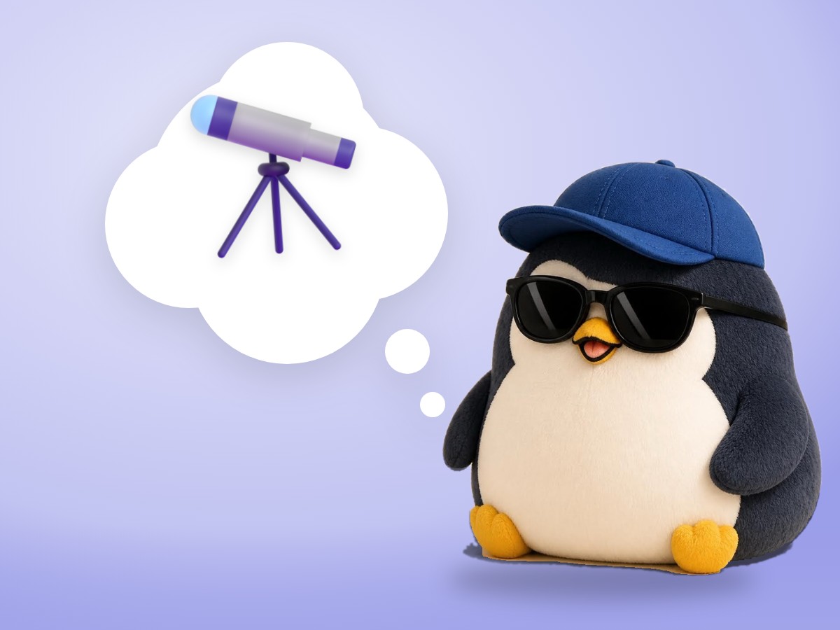 A chubby brushed mohair penguin standing on a snowy hill looking up through a realistic small brass telescope at a pastel dusk sky
