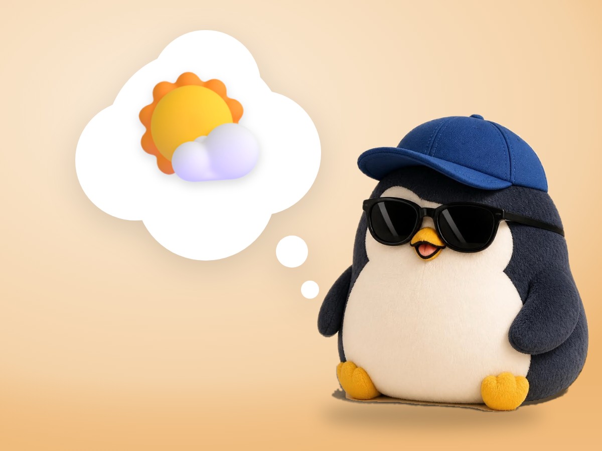 A chubby crocheted amigurumi penguin pointing at a real paper desk calendar with hand-drawn check marks and one empty day