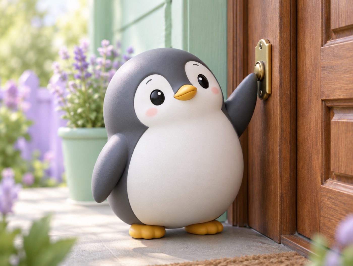 A plastic model kit penguin standing at a front door, ready to ring the doorbell