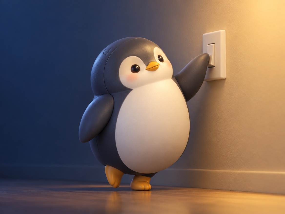 A cute matte plastic model kit penguin pressing down a real white wall light switch to turn it off