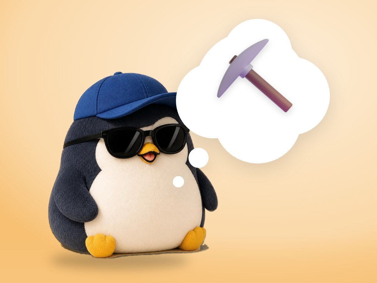 A chubby brushed mohair penguin holding a real small garden shovel next to a glowing purple gemstone in soft soil