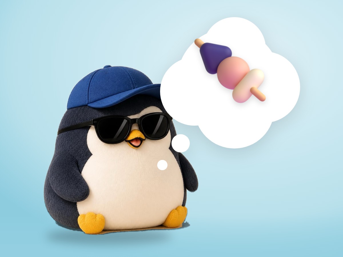 A chubby round felted wool penguin slowly grilling one yakitori skewer on a small clay charcoal grill