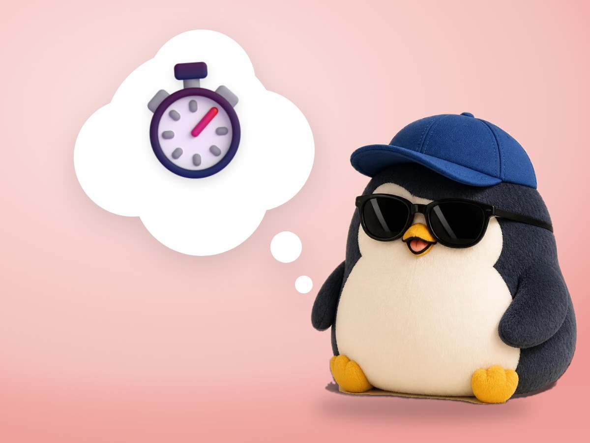 A chubby boucle wool penguin happily pressing a realistic red kitchen timer on a bright simple table