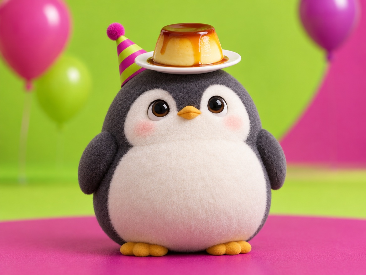 A chubby boucle wool penguin seriously studying a caramel pudding on a small plate