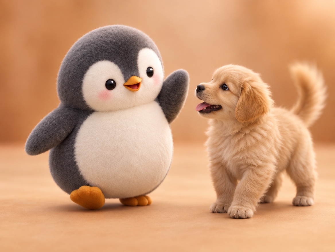 A chubby boucle wool penguin walking toward a happy puppy that wags its tail