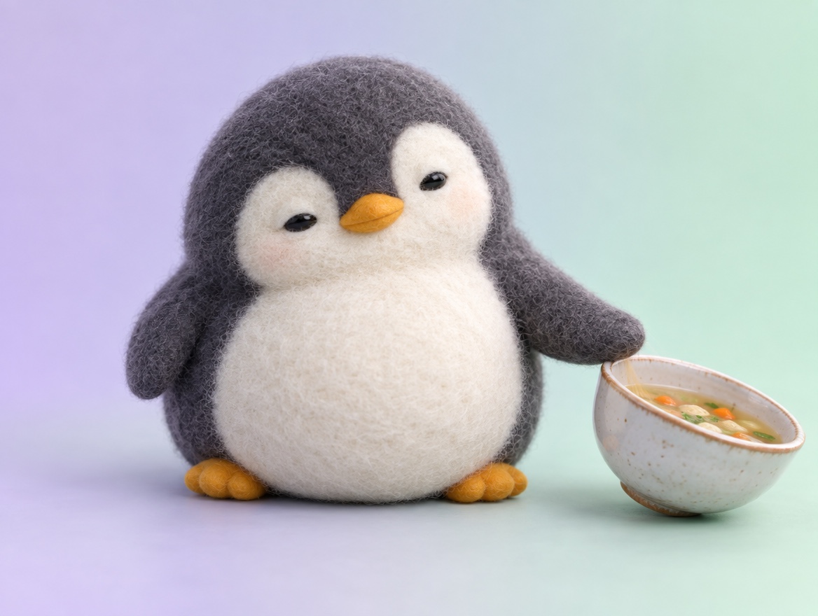 A felted wool penguin politely pushing away a small soup bowl