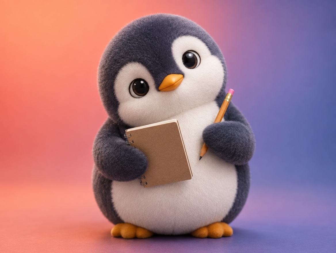 A boucle wool penguin listening kindly with a small notebook and pencil