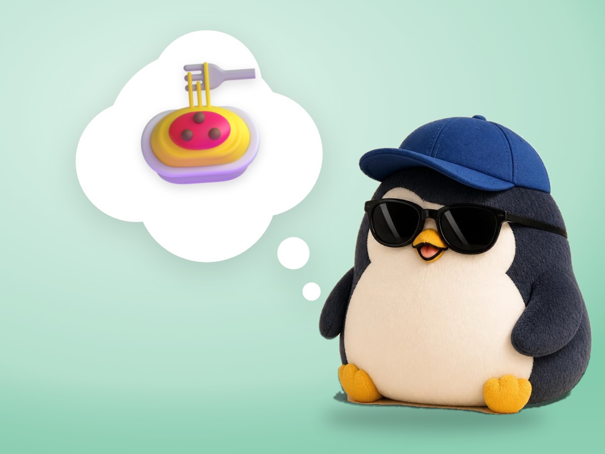 A chubby low-poly wood and paper penguin stirring a small steel pot of pasta on a bright tomato red background