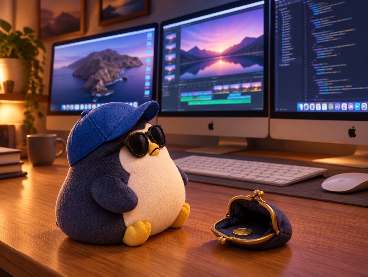 A small navy plush penguin with a blue cap and sunglasses looks at a wall of computer monitors and a small coin purse