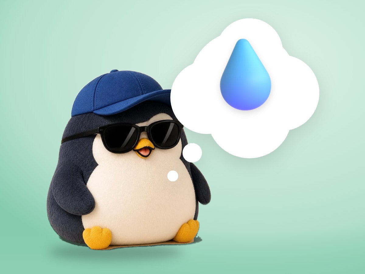 A chubby felted wool penguin happily hugging a realistic stainless steel water bottle