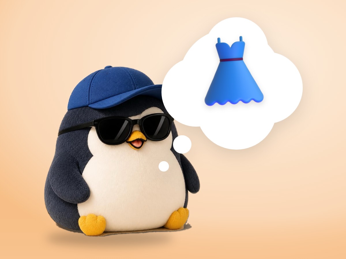 A plush corduroy and felt penguin peeking out from a fitting room curtain, holding a small ukulele