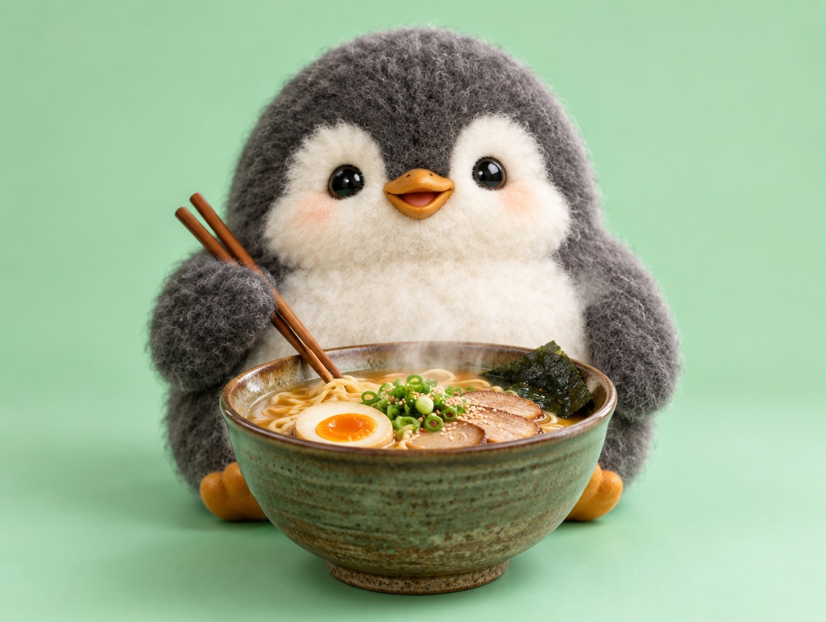 An alpaca wool penguin smiling over a steaming bowl of ramen