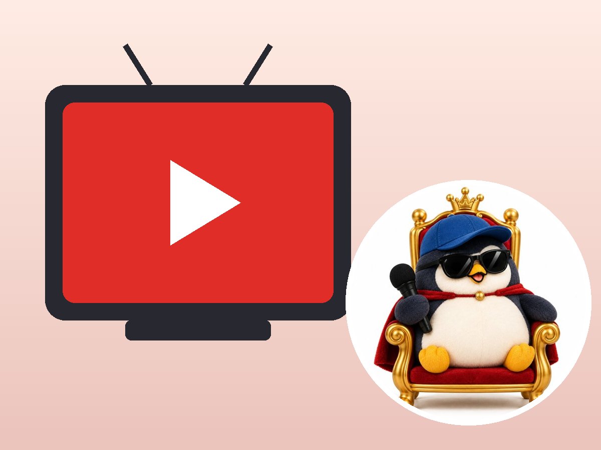 A red TV with a play button next to a plush penguin with sunglasses sitting on a golden throne
