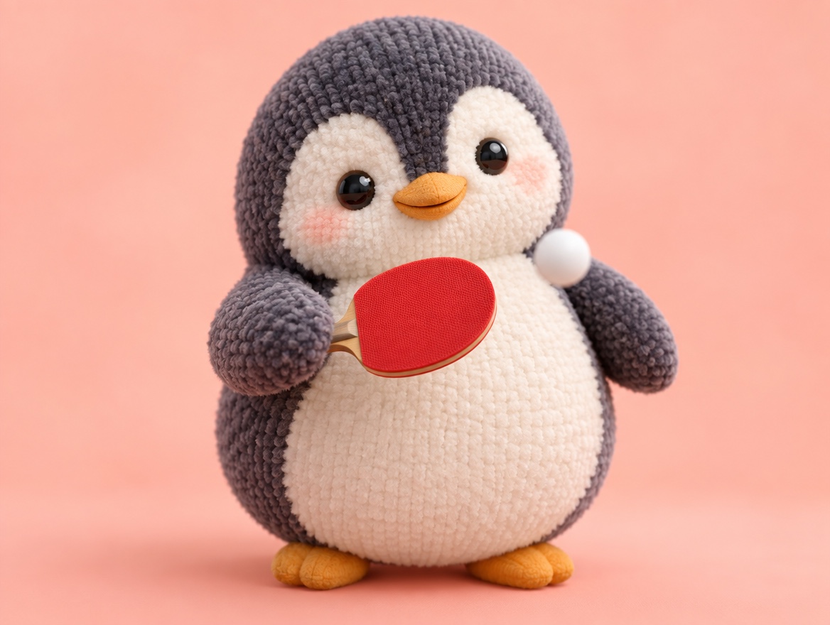 A chubby chenille yarn penguin holding a ping-pong paddle and returning a ball with a gentle smile