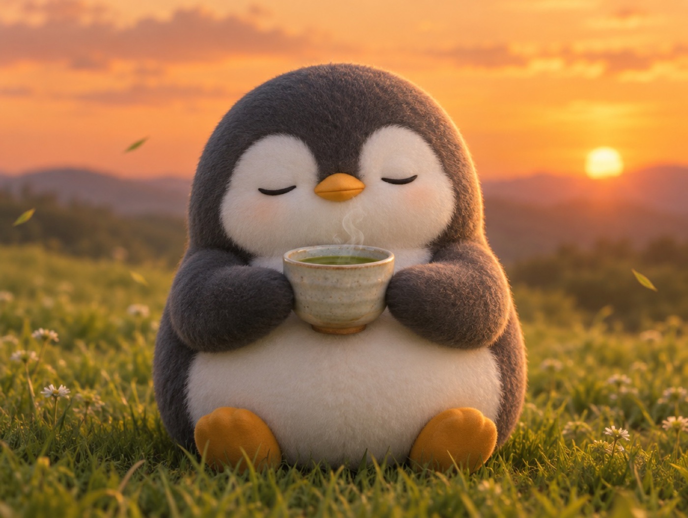A chubby crocheted amigurumi penguin with closed eyes holding a warm cup of green tea in a sunny meadow